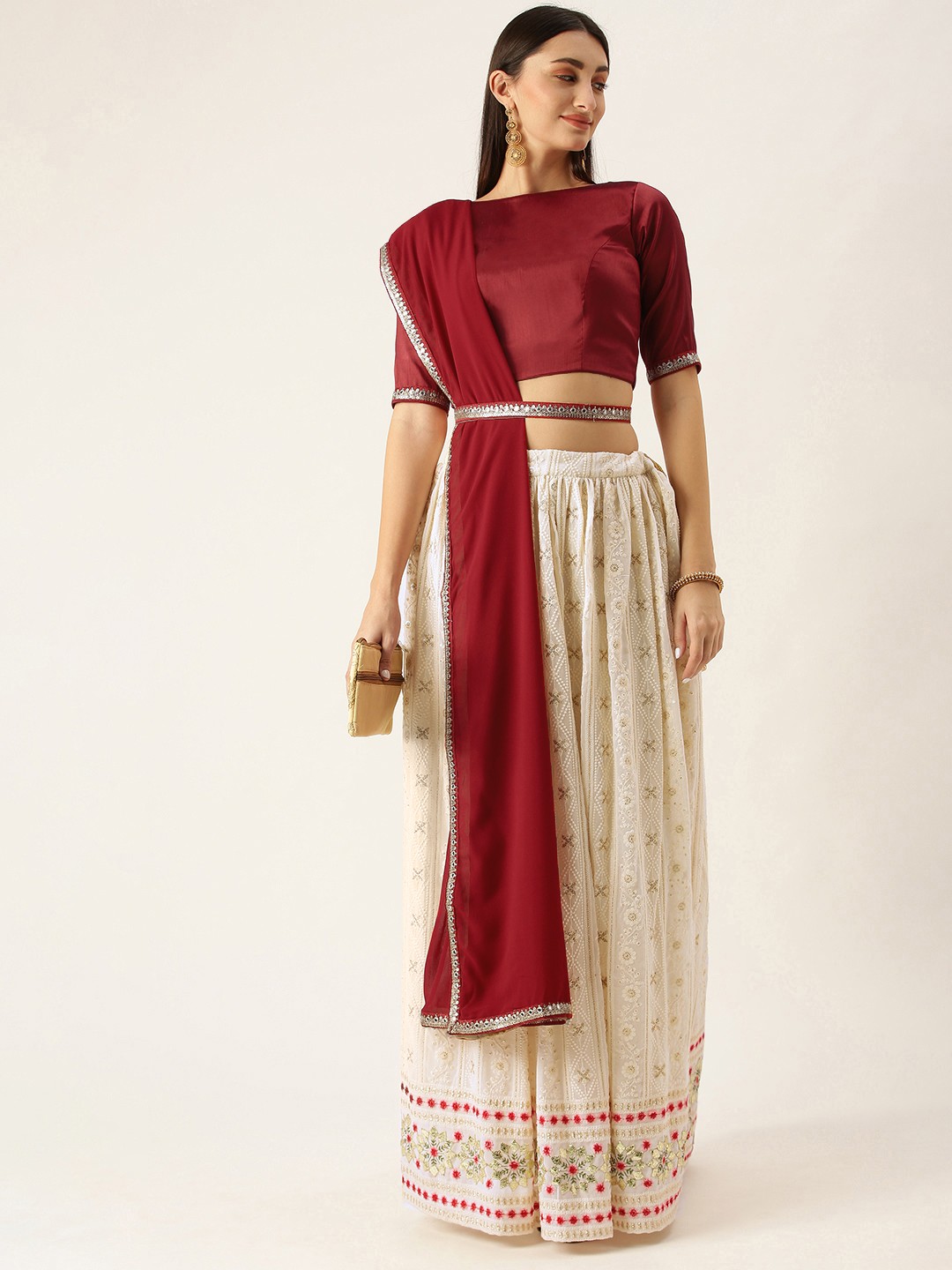

Ethnovog Maroon Off White Made to Measure Lehenga Blouse With Dupatta