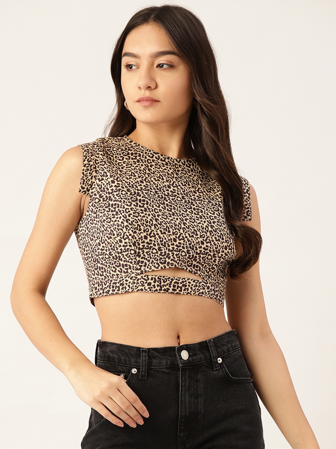 

Rue Collection Women Beige & Black Pure Cotton Animal Print Crop Top