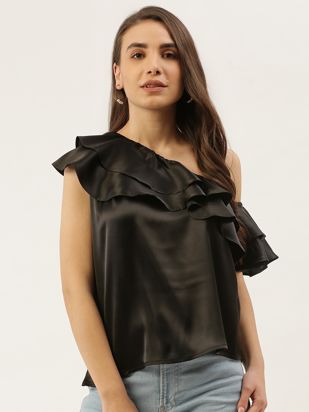

Rue Collection Women Black One Shoulder Ruffles Regular Top