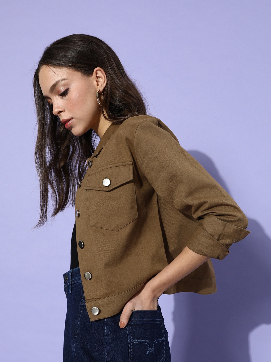 

Popnetic Women Khaki Solid Pure Cotton Denim Jacket