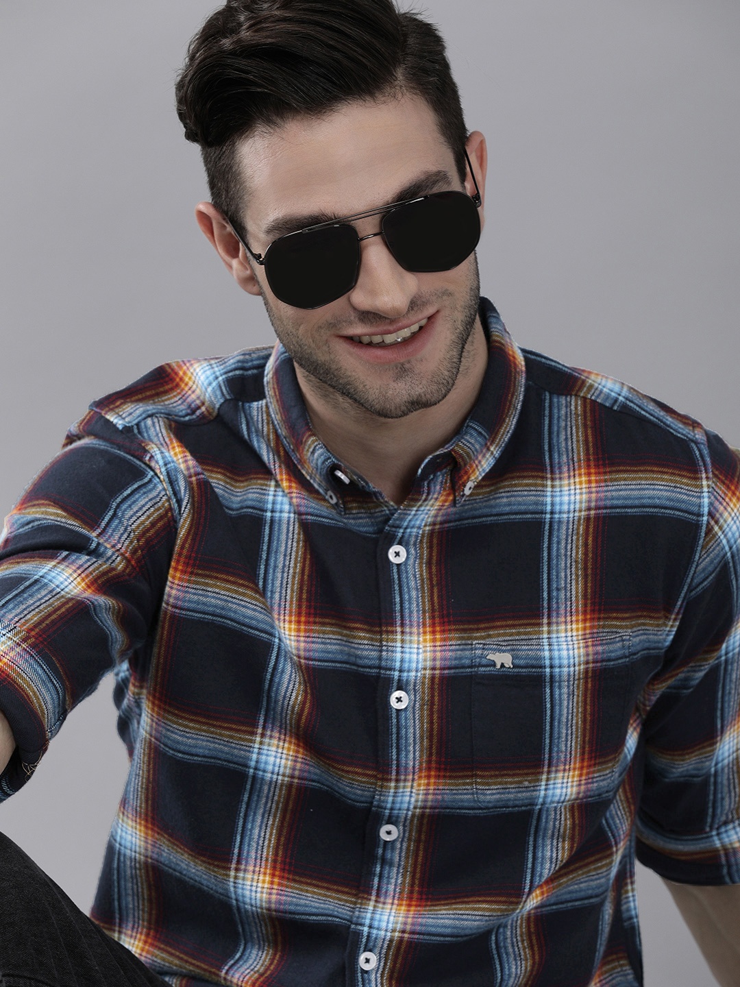 

THE BEAR HOUSE Men Blue Slim Fit Tartan Checked Flannel Pure Cotton Casual Shirt