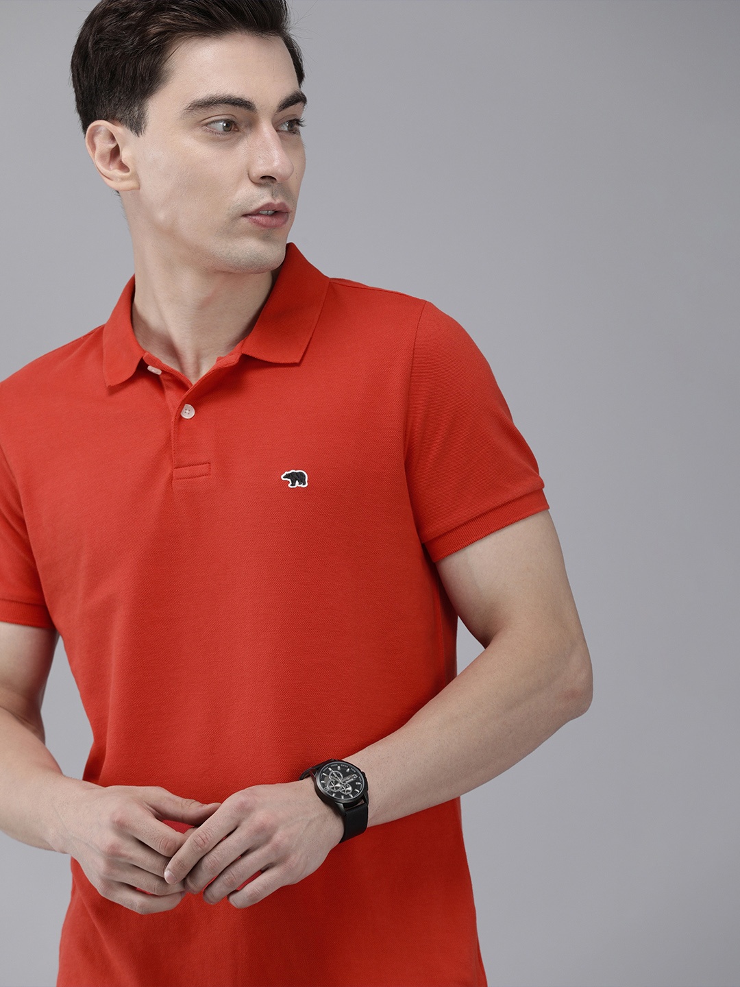

THE BEAR HOUSE Men Red Polo Collar Pure Cotton Slim Fit T-shirt