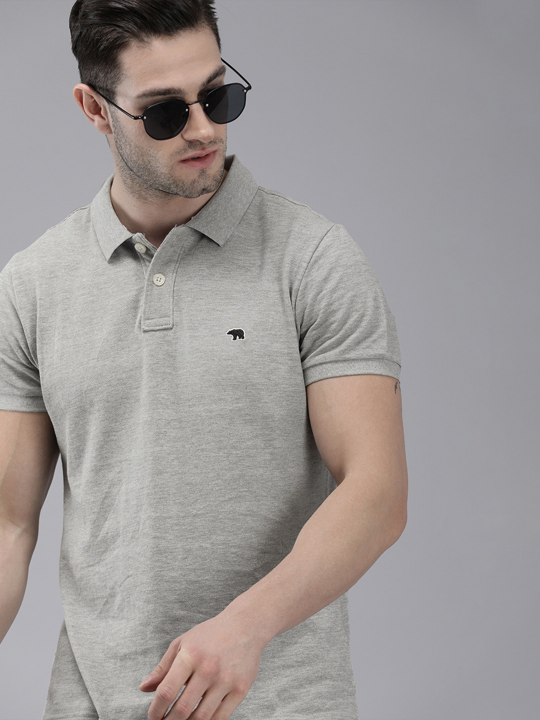 

THE BEAR HOUSE Men Grey Polo Collar Pure Cotton Slim Fit T-shirt
