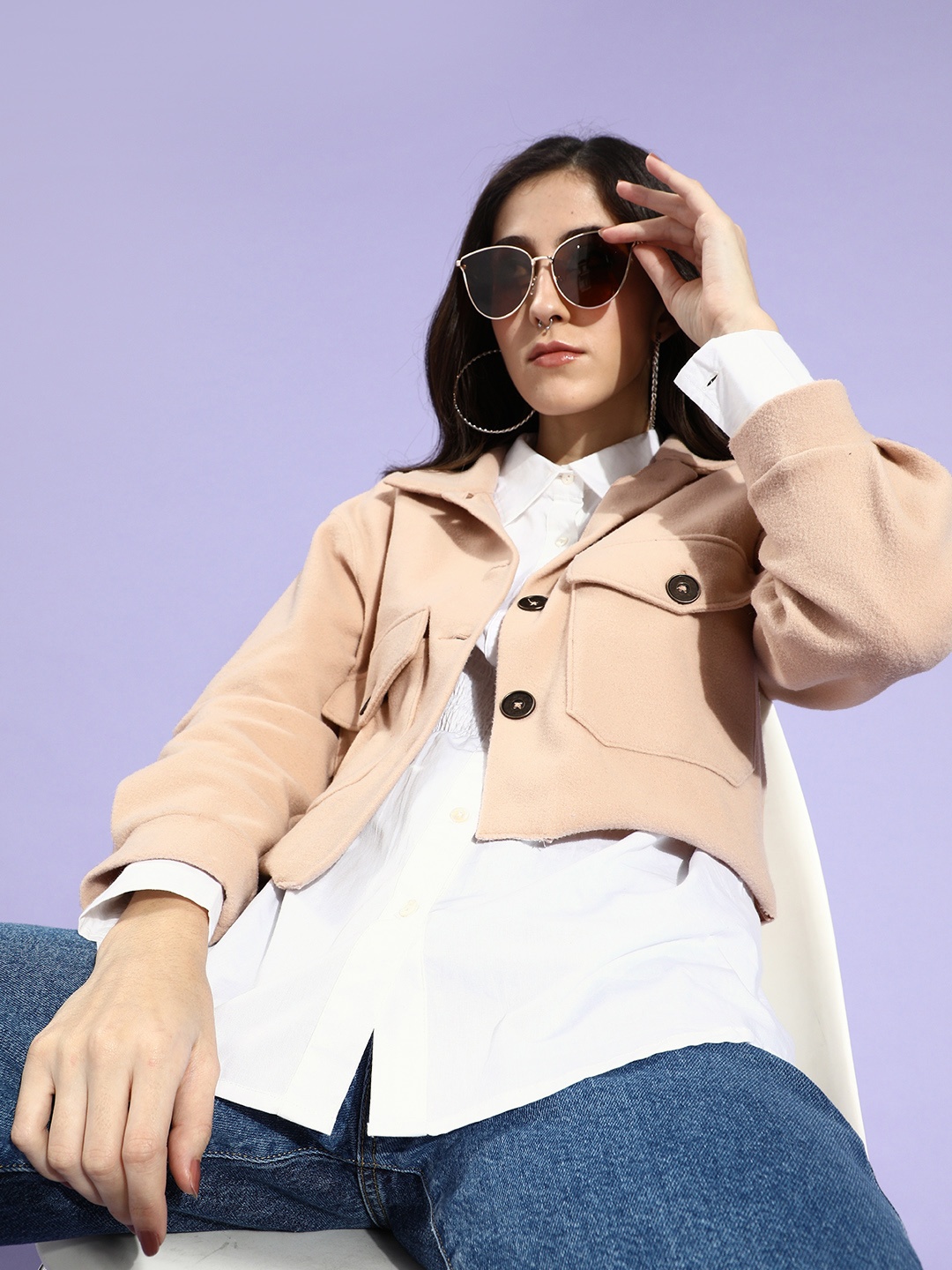 

KASSUALLY Women Beige Faux Fur Crop Tailored Jacket