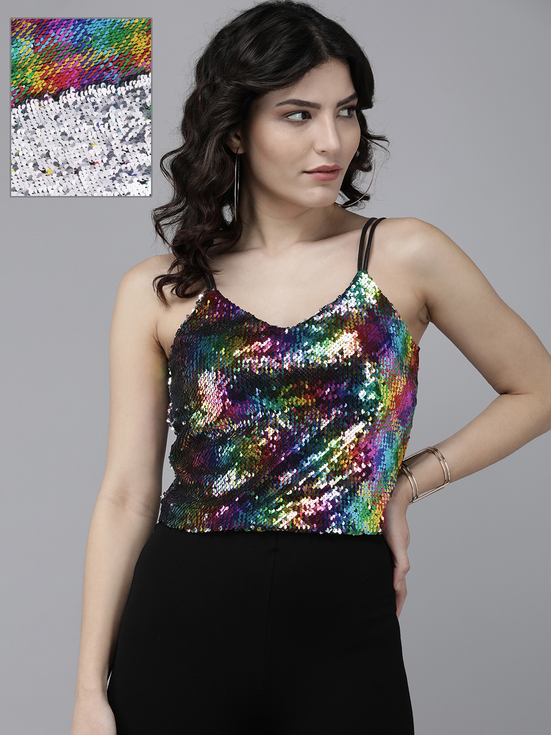 

KASSUALLY Multicoloured Flip Sequined Tank Crop Top, Multi