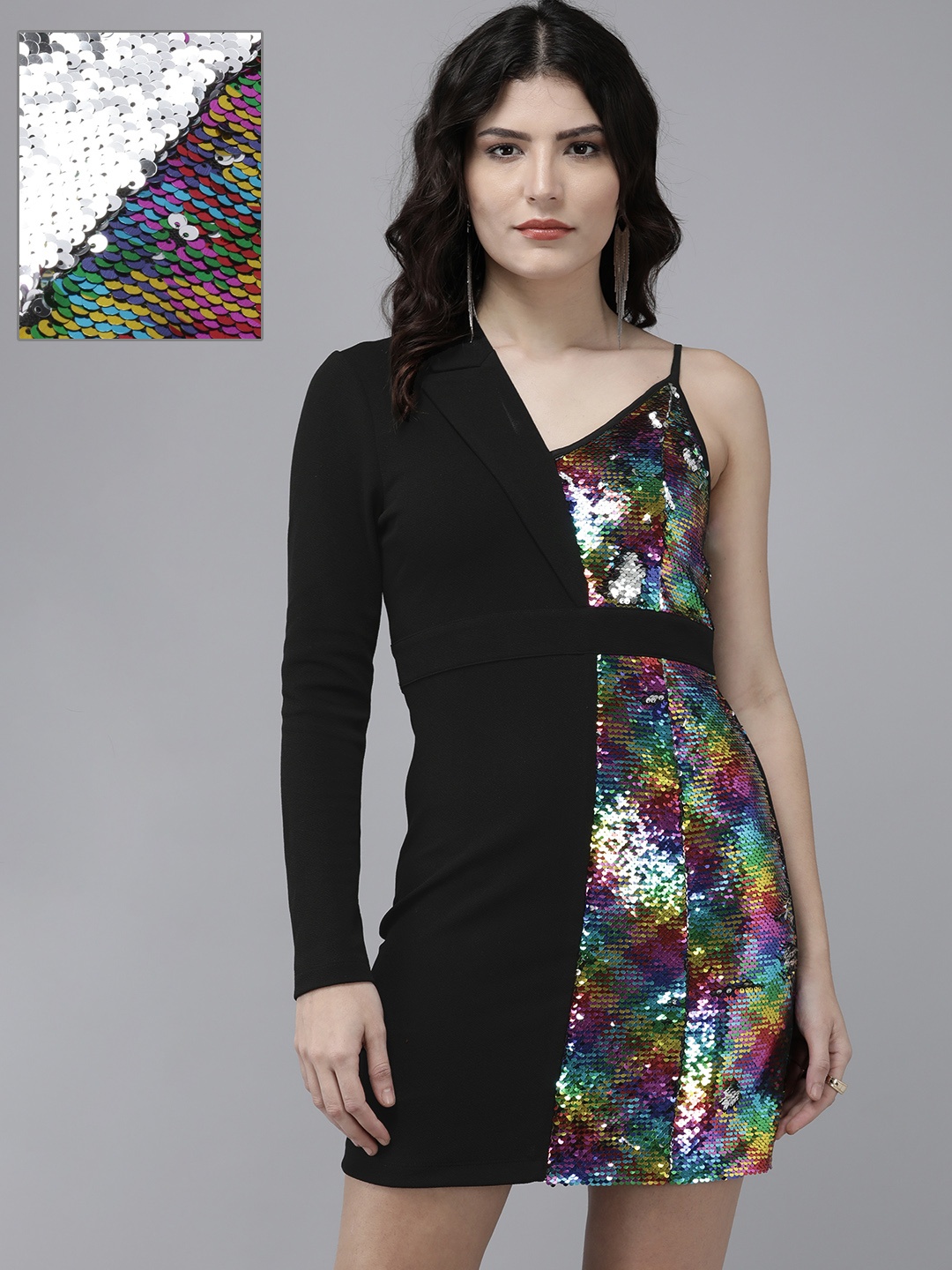 

KASSUALLY Black Flip Sequined One Shoulder Sheath Dress