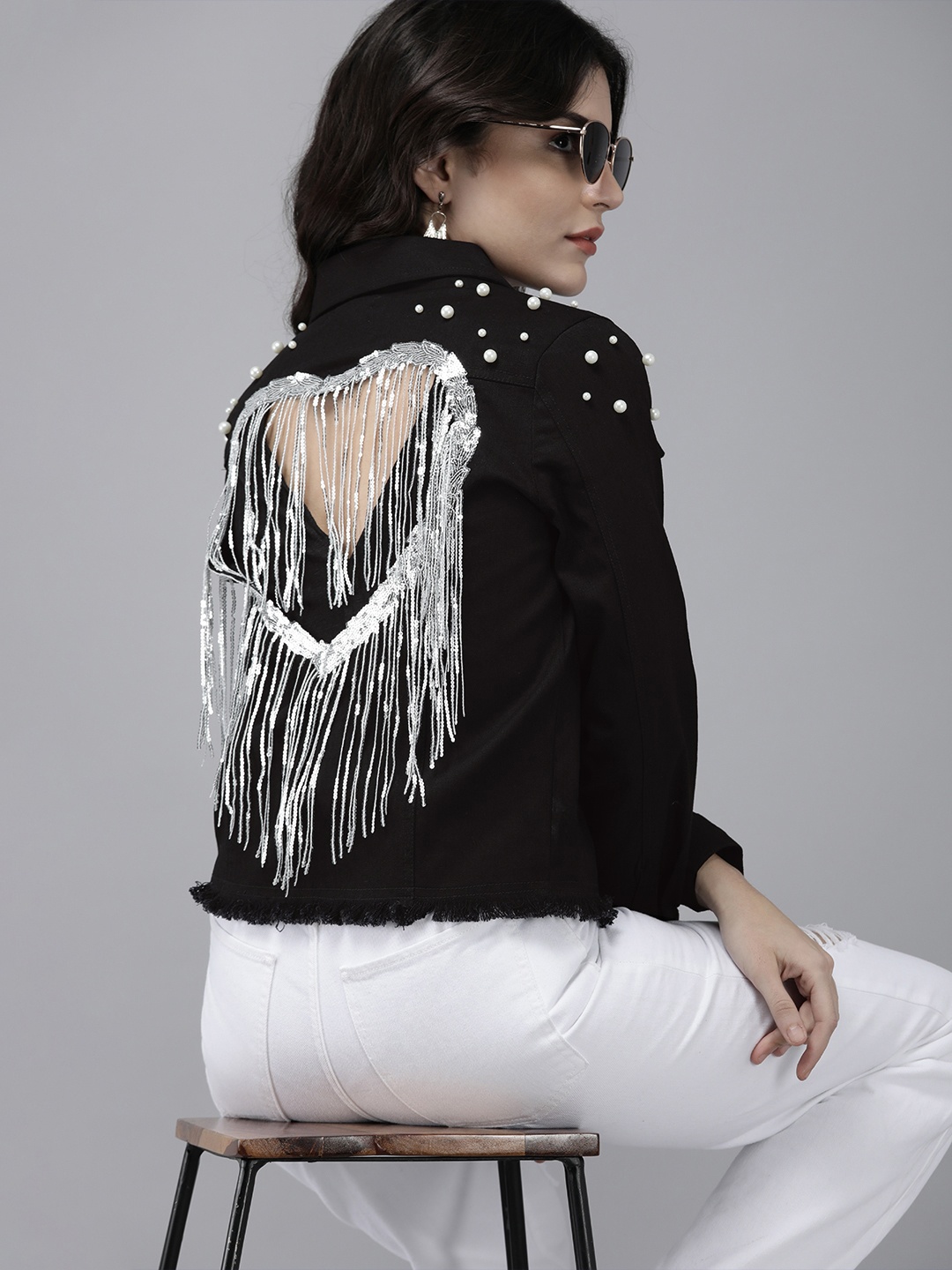 

KASSUALLY Women Black Cotton Embellished Rugged Denim Jacket