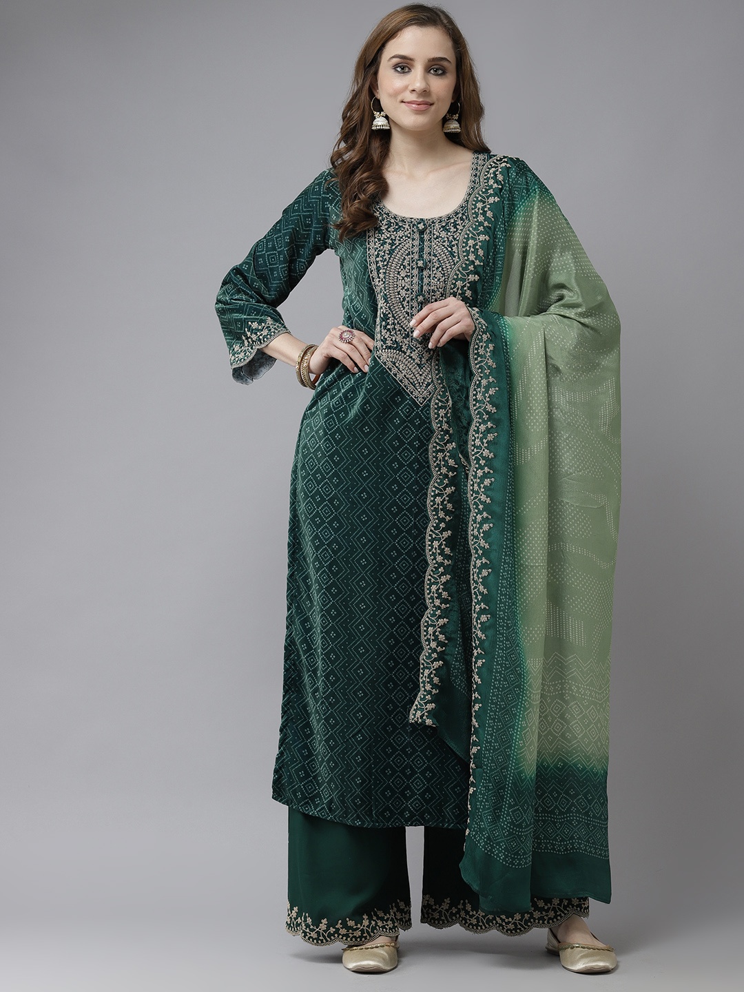 

Indo Era Green & White Bandhani Print Zari Velvet Straight Kurta Palazzos & Dupatta