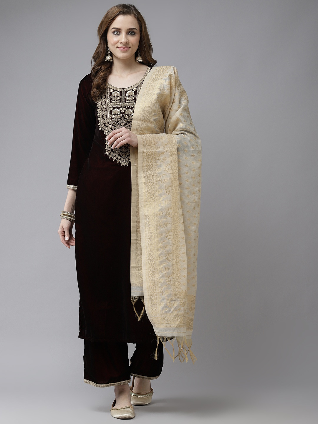 

Indo Era Burgundy & Gold Yoke Design Sequinned Velvet Straight Kurta Palazzos & Dupatta