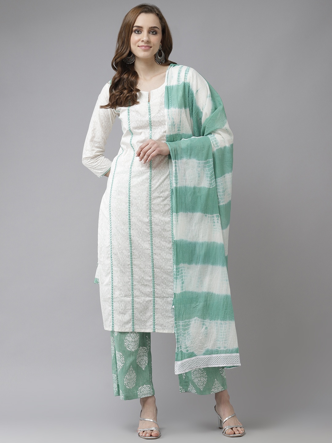 

Indo Era White & Green Khari Print Mirror Work Straight Kurta Palazzos & Dupatta