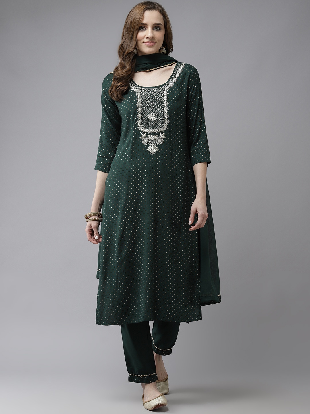 

Indo Era Women Green & Gold Zari Foil Print Straight Kurta with Trousers & With Dupatta