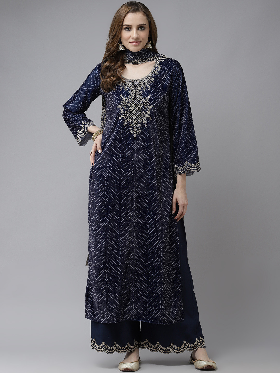

Indo Era Blue & Gold Bandhani Print Zari Velvet Straight Kurta with Palazzos & Dupatta