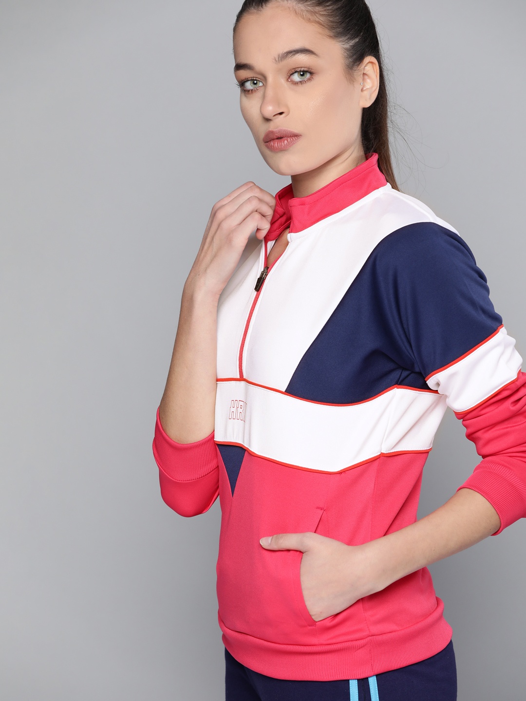 

HRX by Hrithik Roshan Women Pink & White Colourblocked Sweatshirt
