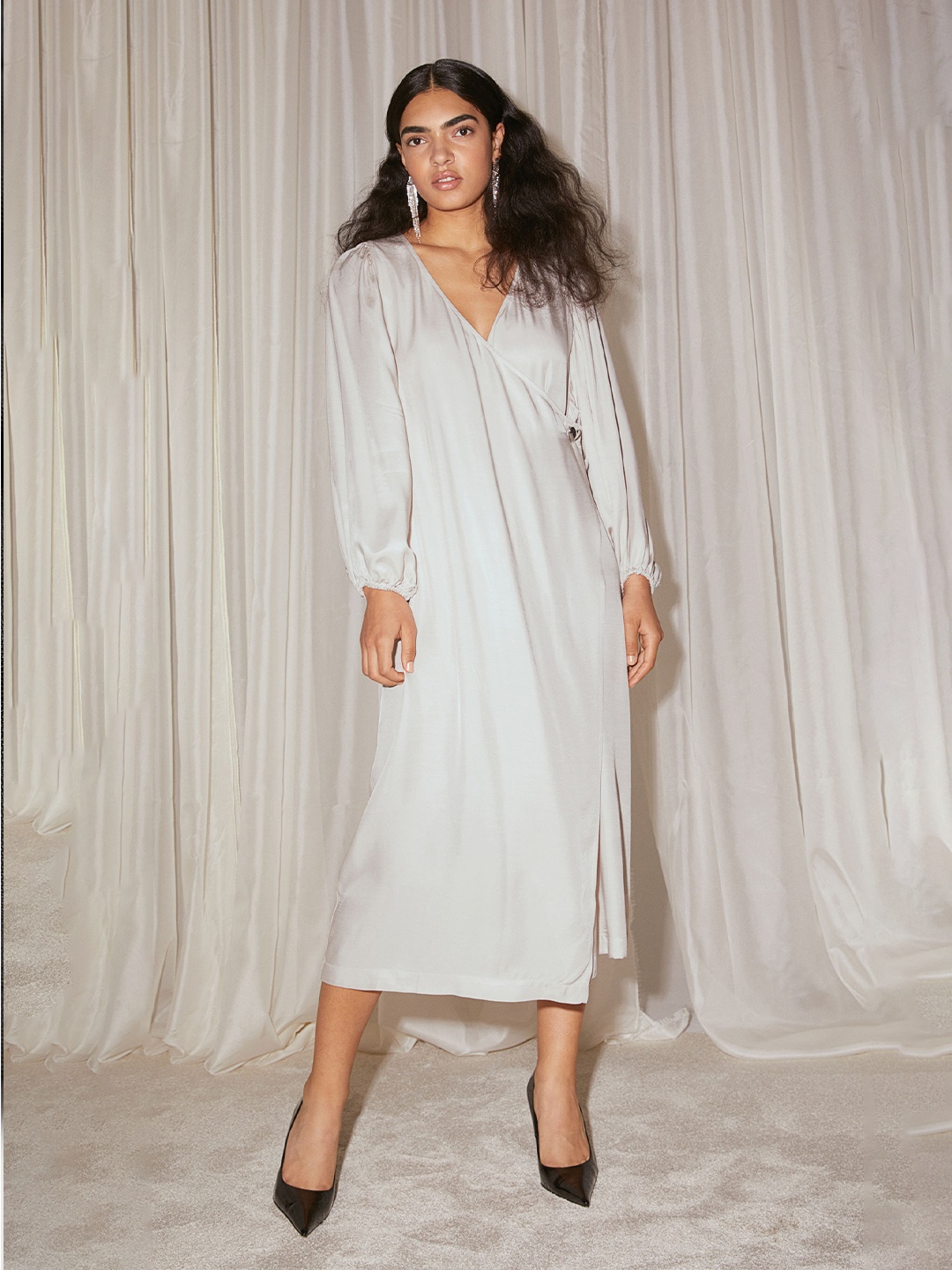 

H&M Women Beige Solid Satin Wrap Dress