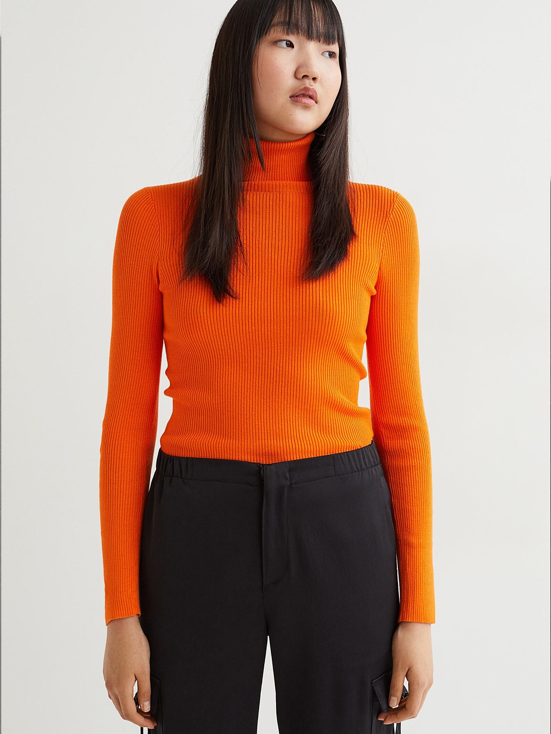 

H&M Women Orange Rib-Knit Polo-Neck Jumper