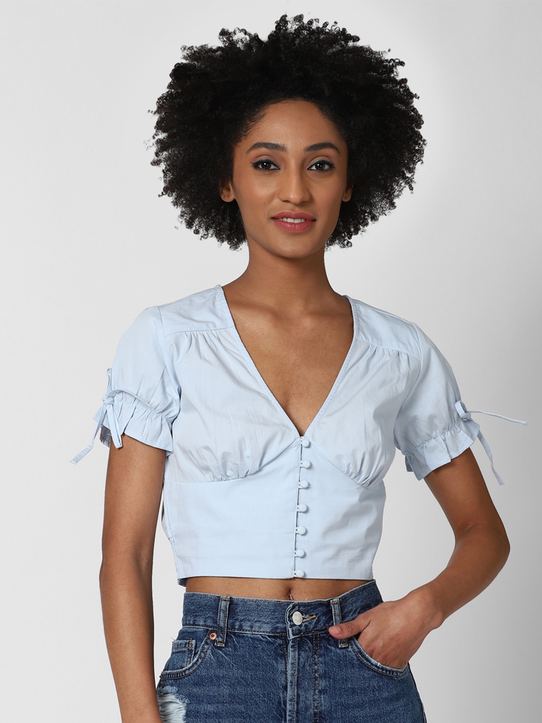 

FOREVER 21 Puff Sleeve Pure Cotton Crop Top, Blue