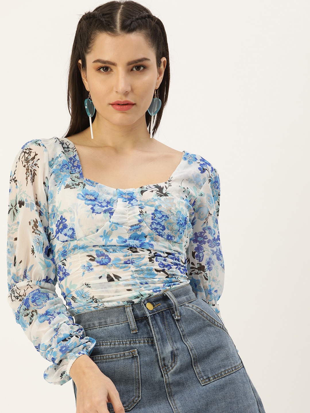 

FOREVER 21 Blue & White Floral Print Ruched Styled Back Top