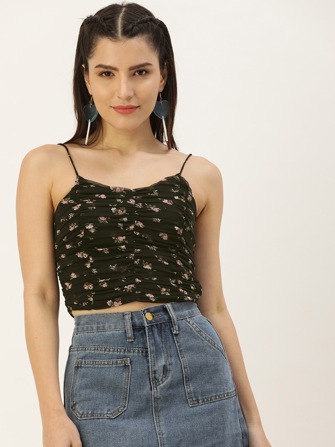 

FOREVER 21 Black & Pink Floral Print Ruched Crop Top