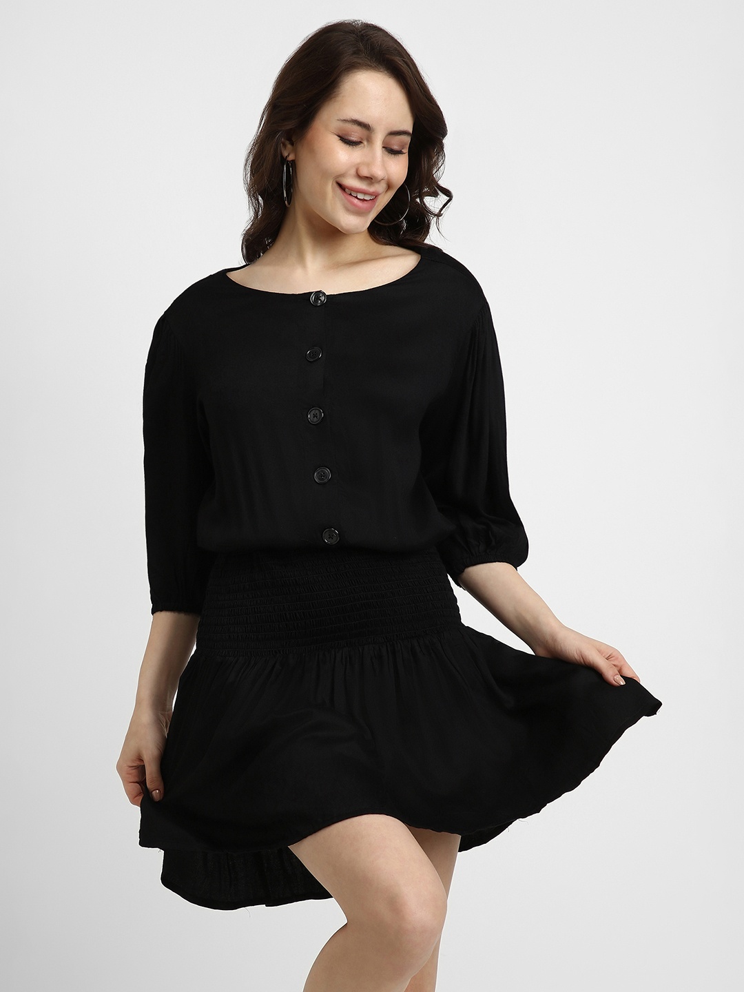 

FOREVER 21 Black Smocked Blouson Mini Dress