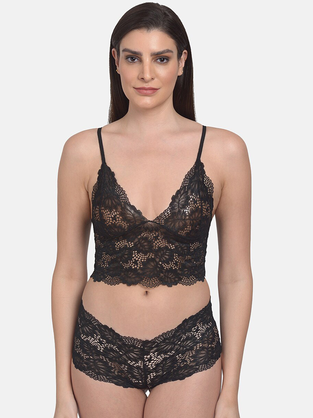 

mod & shy Women Black Self-Design Lace Lingerie Set MS365