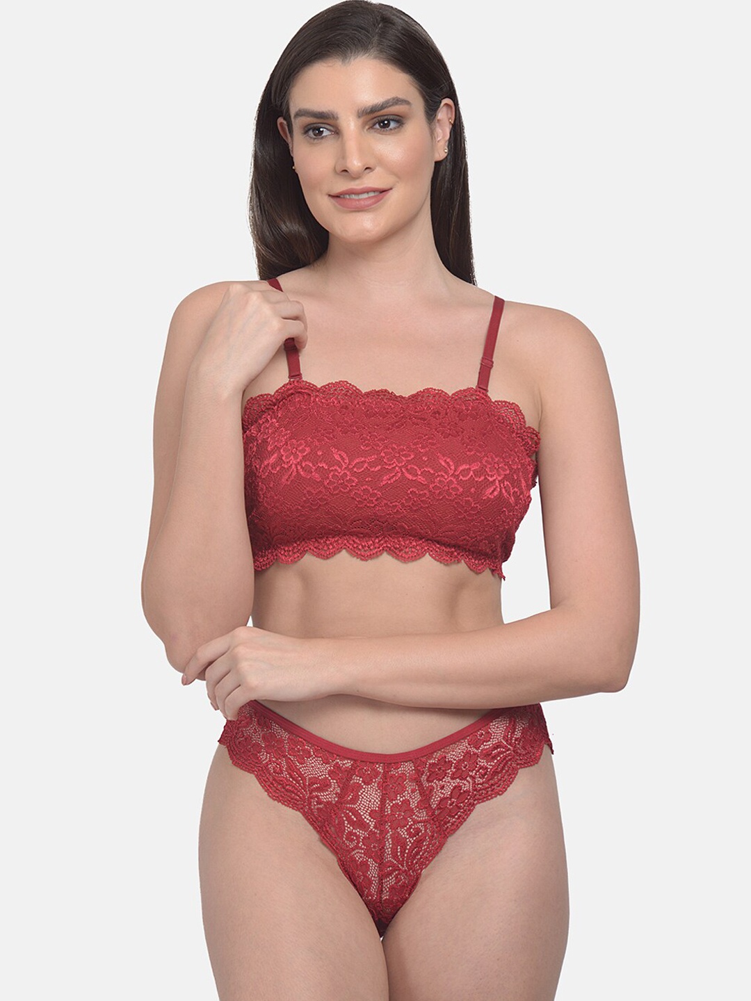 

mod & shy Women Maroon Self Design Lingerie Set