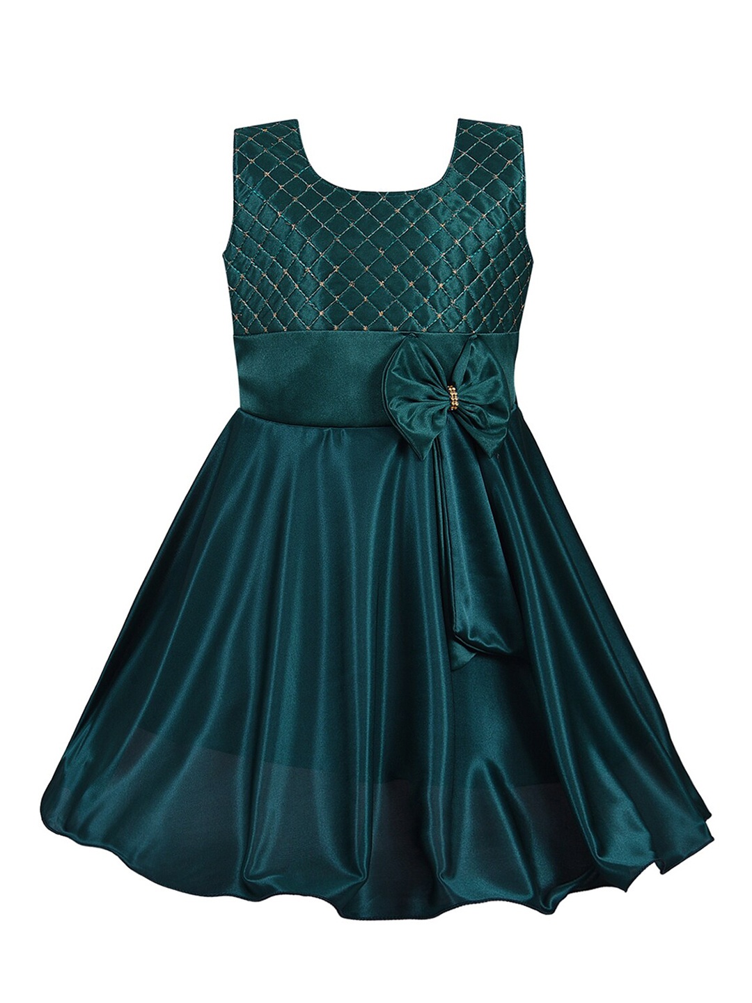 

Wish Karo Girls Green Checked Satin Fit & Flare Dress with Bow