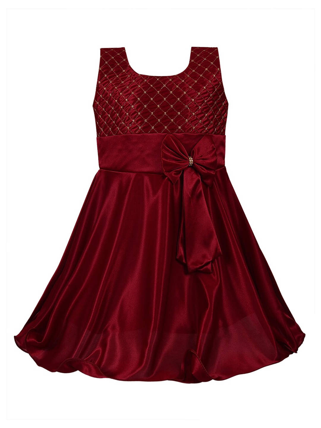 

Wish Karo Maroon & Gold-Toned Embellished Round Neck Satin Fit & Flare Dress