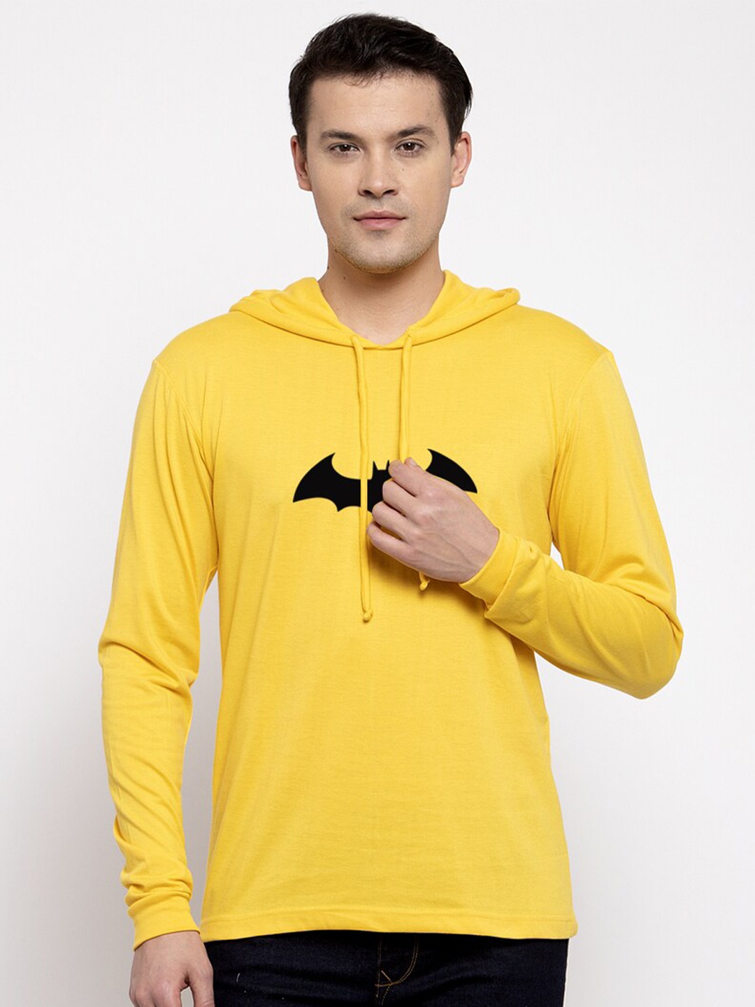 

Friskers Men Yellow & Black Bat Man Logo Hooded Printed T-shirt