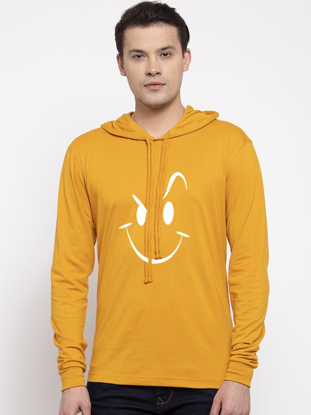 Friskers Men Mustard Yellow Printed Cotton Hooded T-shirt