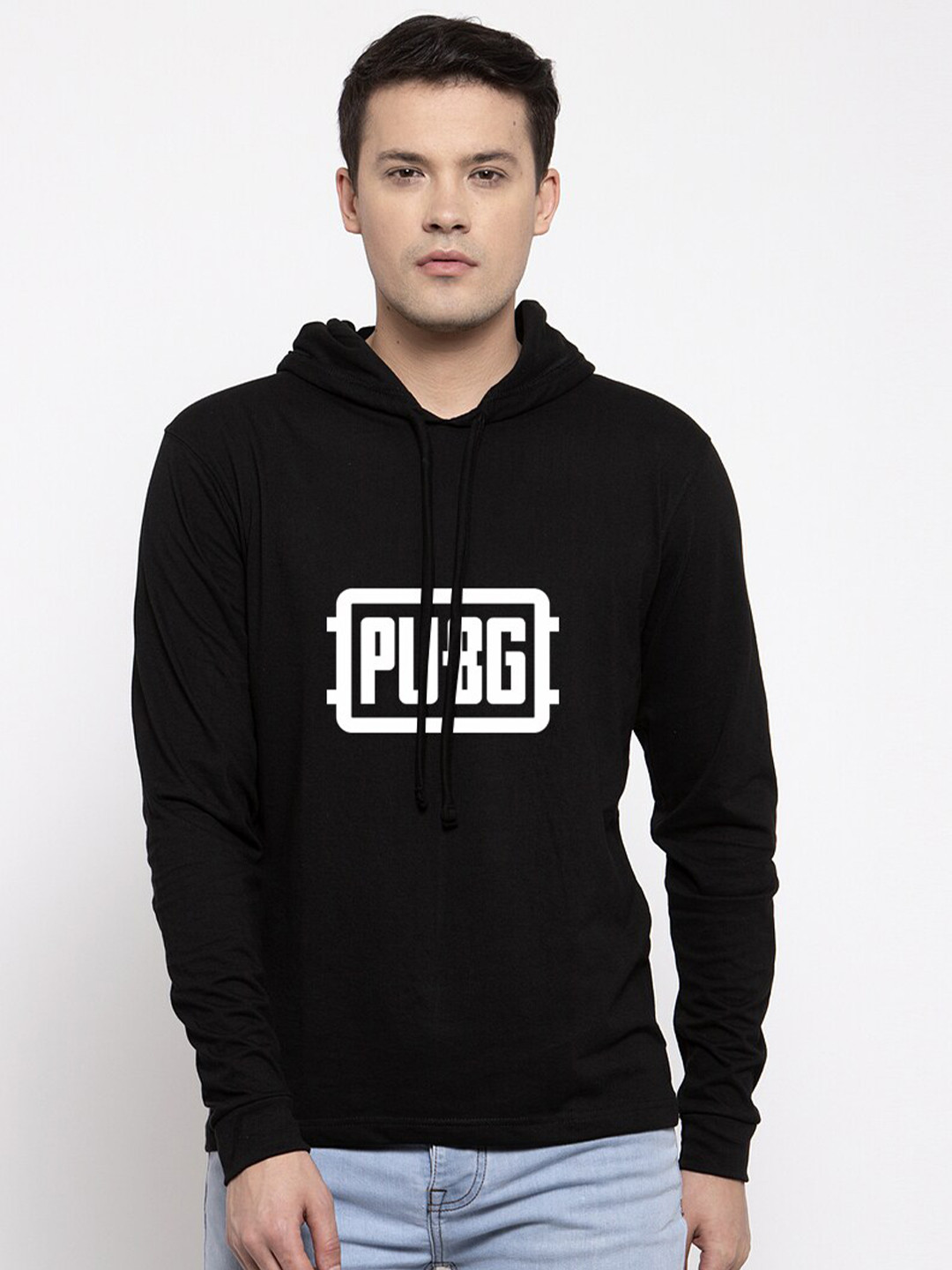

Friskers Men Black & White Printed Hooded Cotton T-shirt