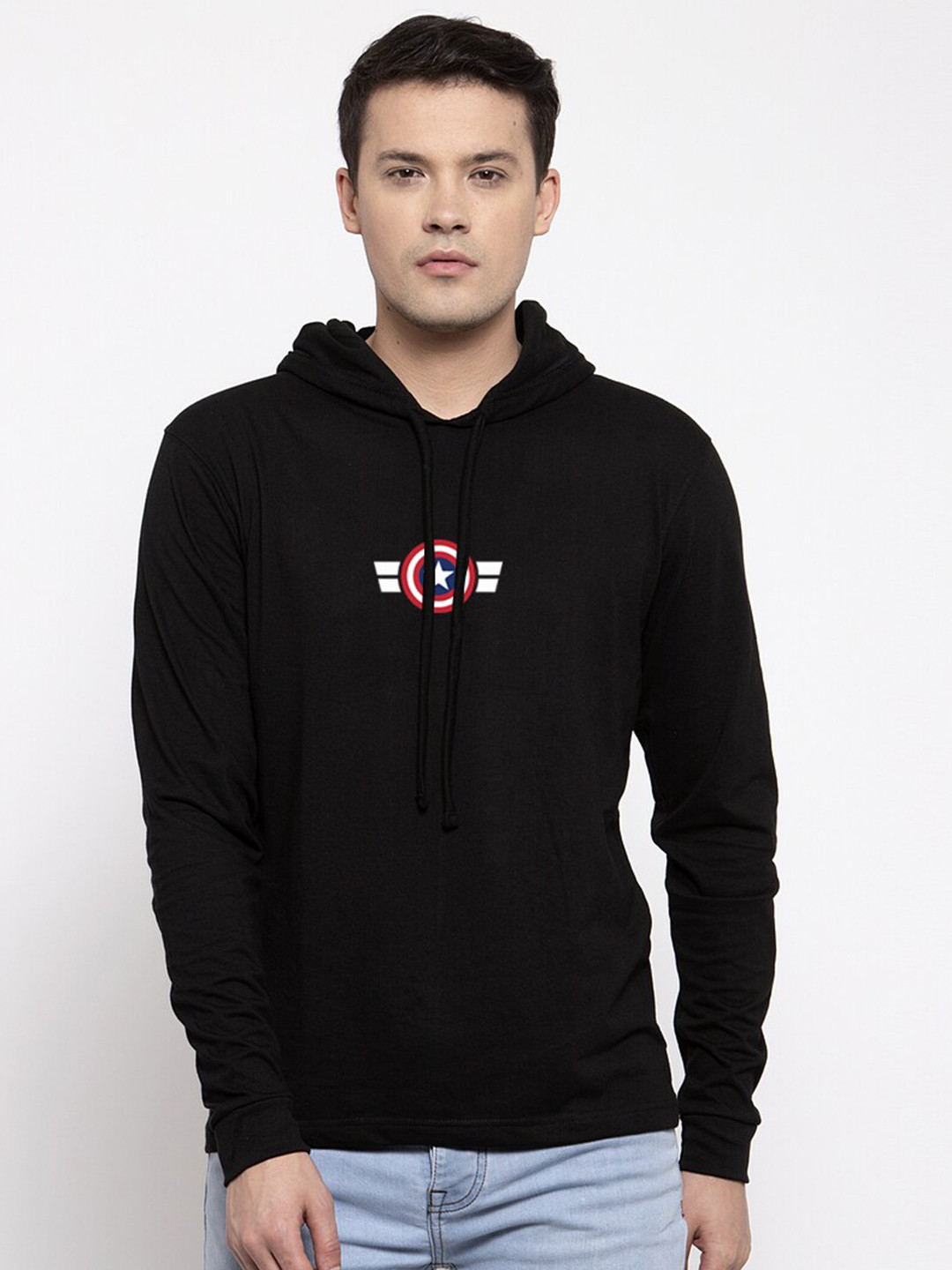 

Friskers Men Black Printed Hooded Cotton T-shirt