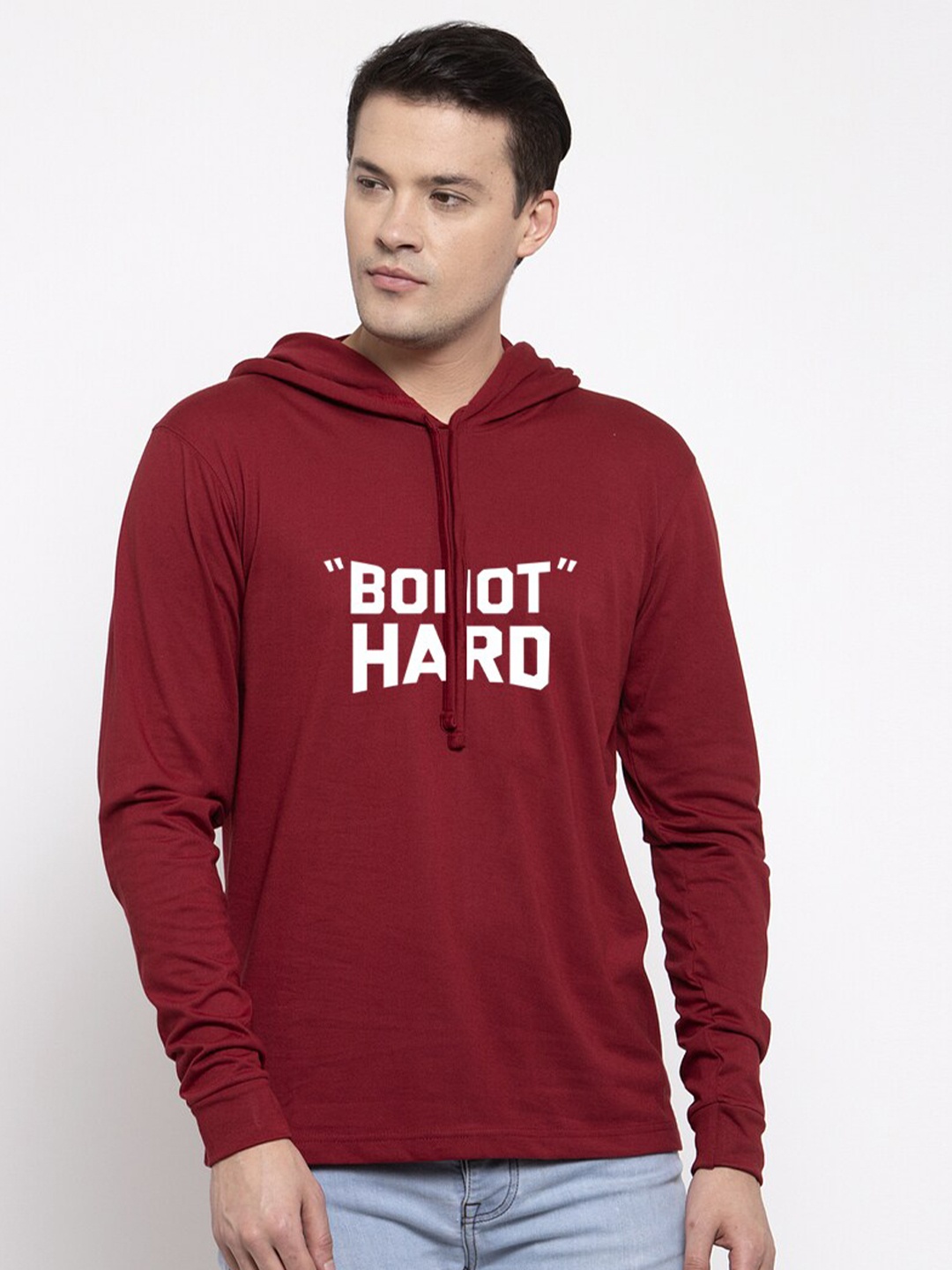 

Friskers Men Maroon & White Printed Hooded Cotton T-shirt