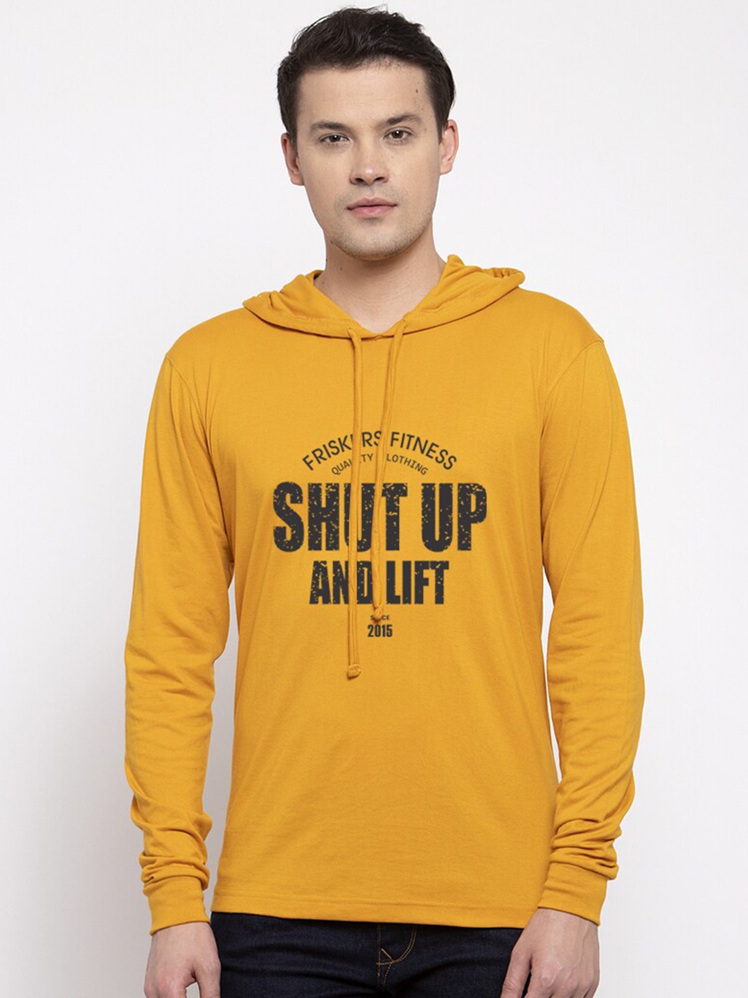 

Friskers Men Yellow Typography Printed Hooded T-shirt