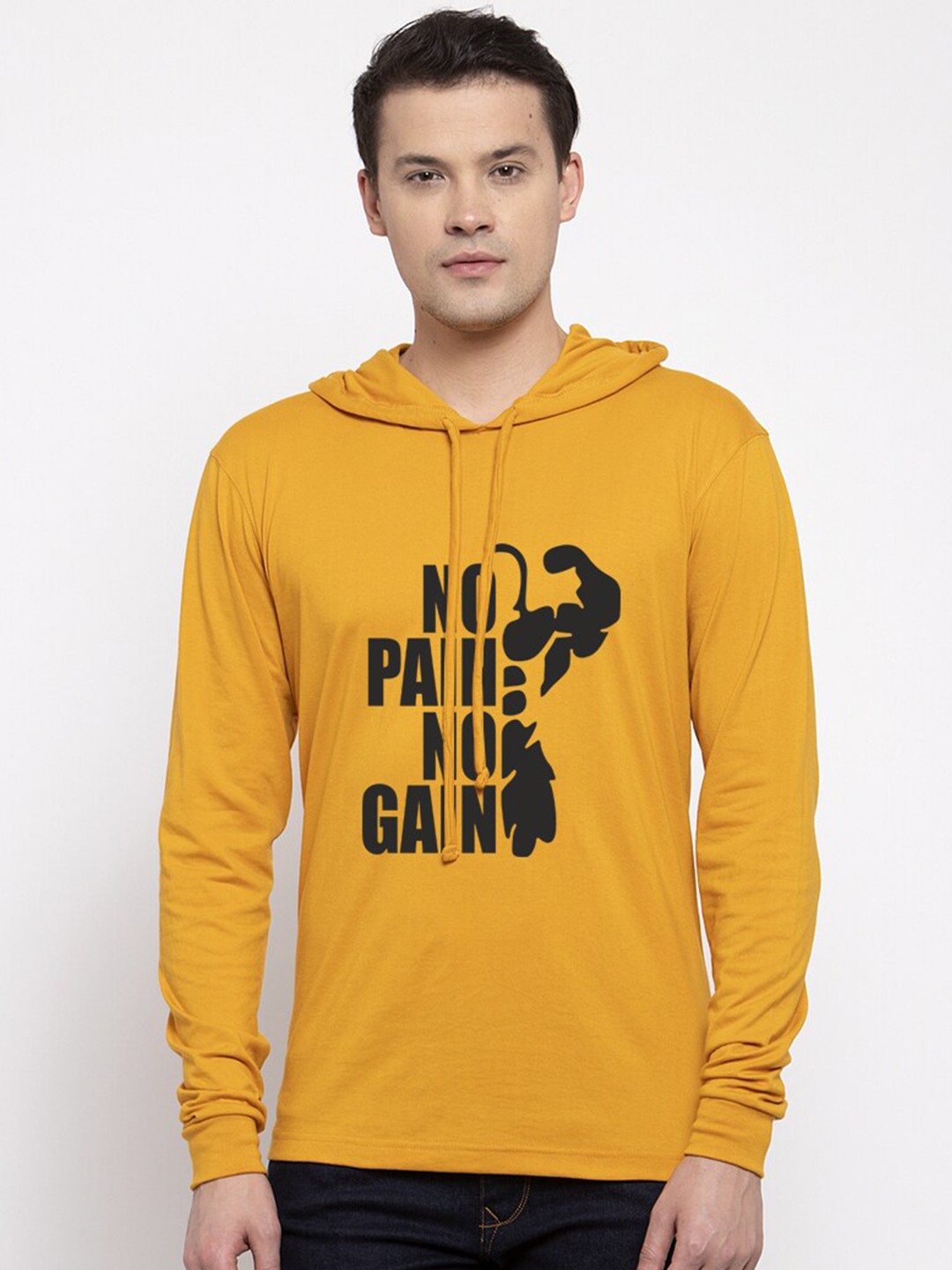 

Friskers Men Mustard Typography Printed Hooded T-shirt