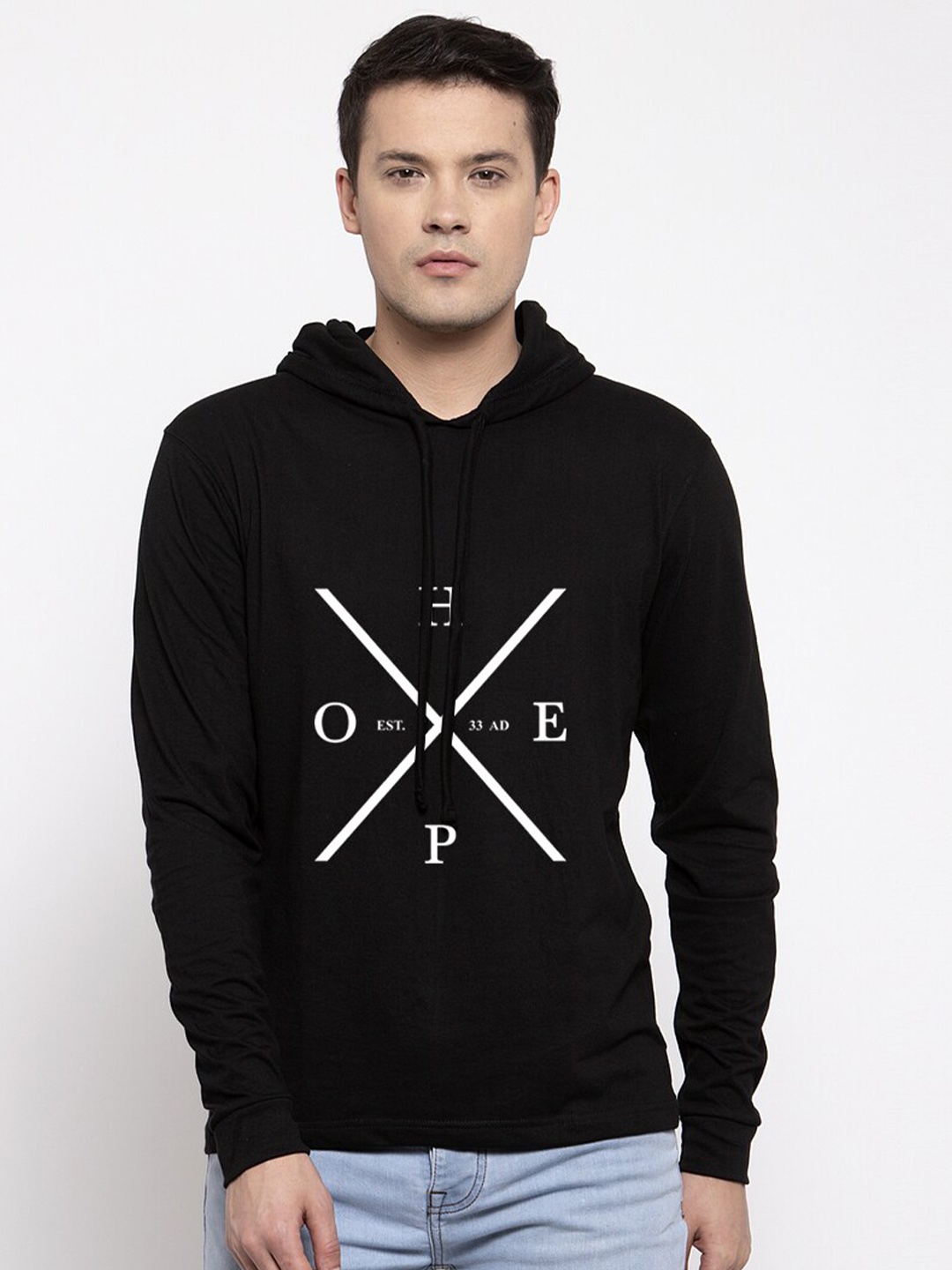 

Friskers Men Black & White Printed Hooded T-shirt