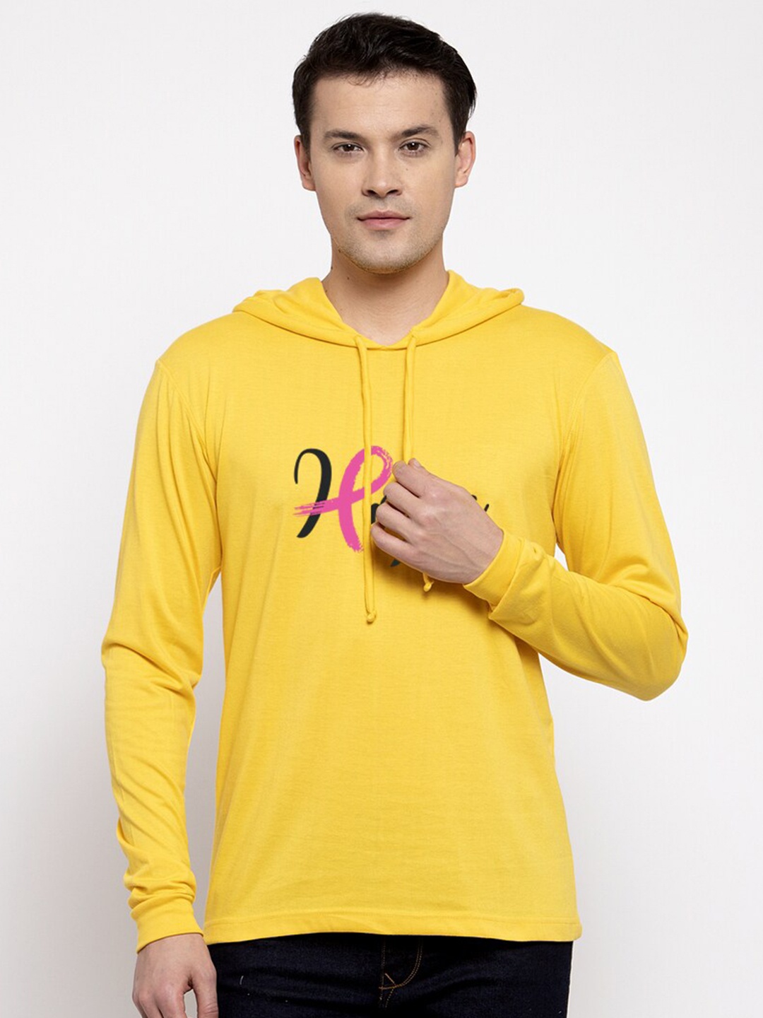 

Friskers Men Yellow Printed Hooded Cotton T-shirt