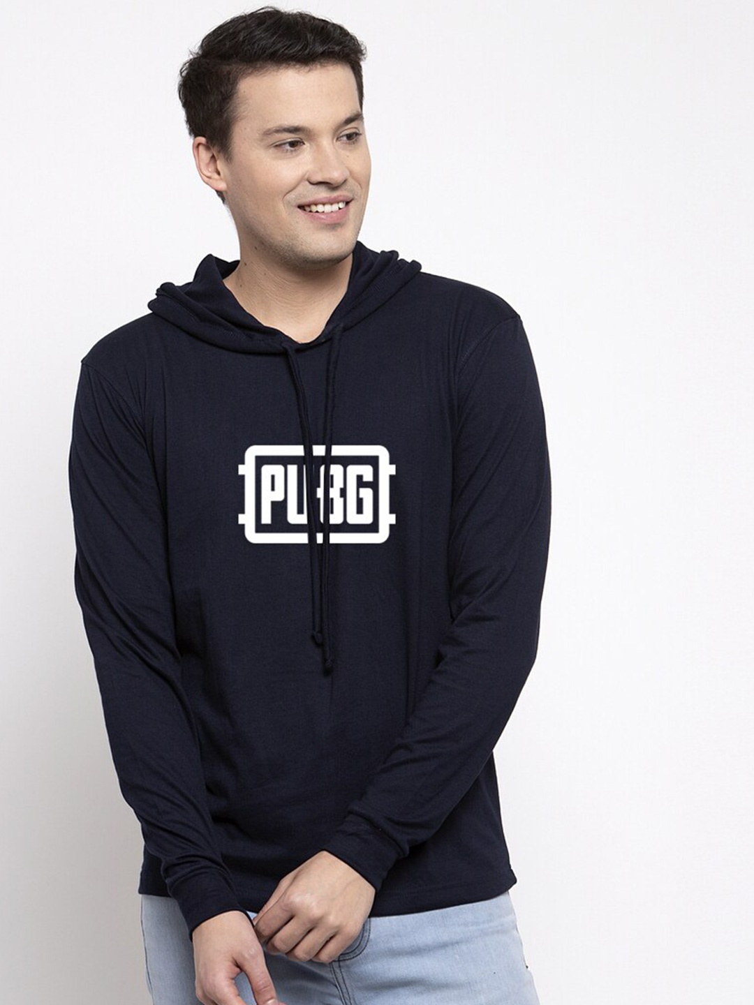 

Friskers Men Navy Blue PUBG Printed Hooded T-shirt