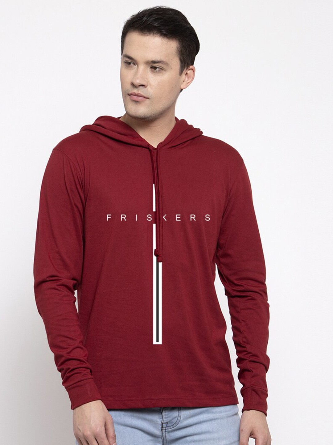 

Friskers Men Maroon Printed Hooded T-shirt