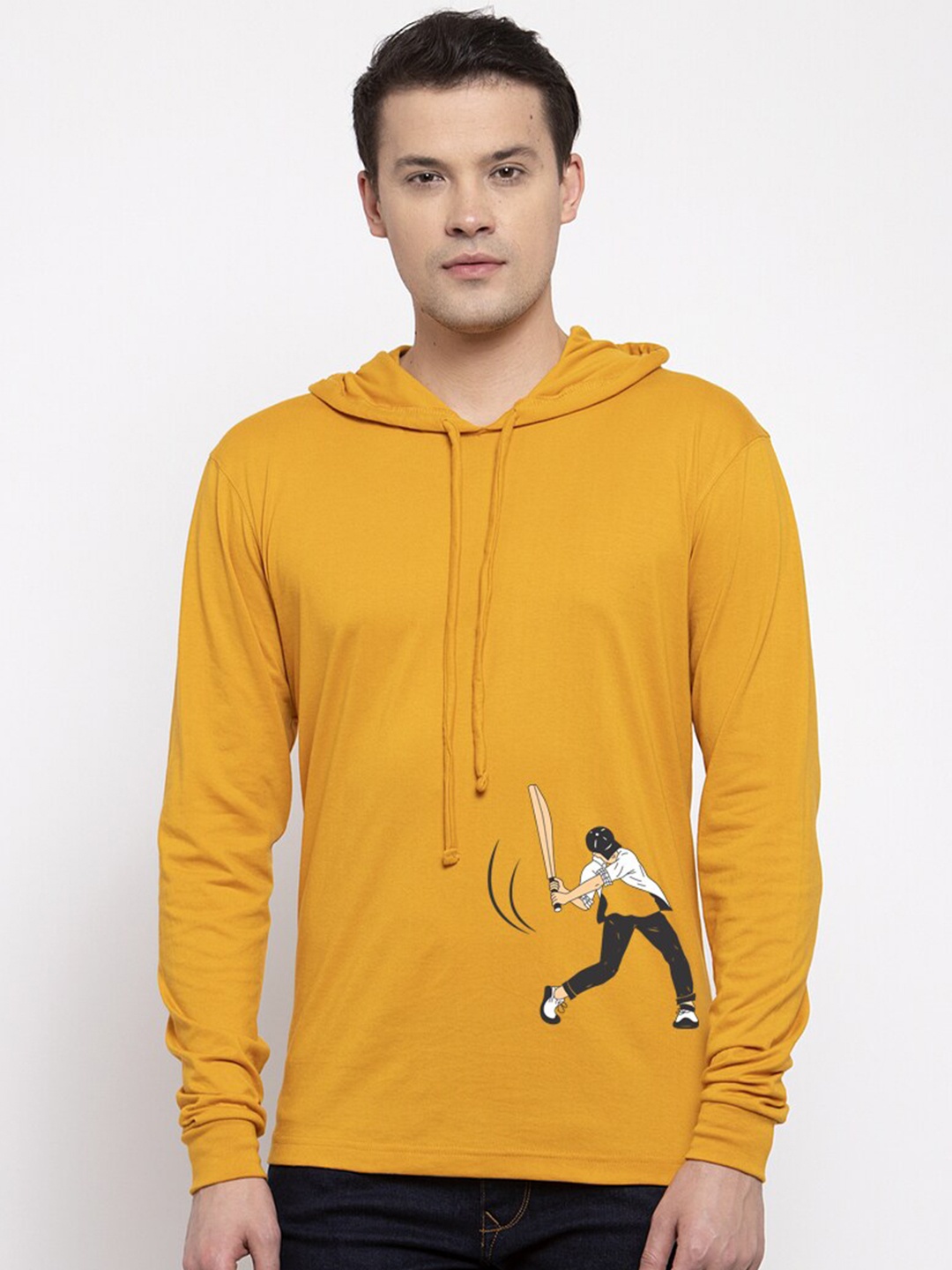 

Friskers Men Mustard Yellow & Black Printed Hooded T-shirt