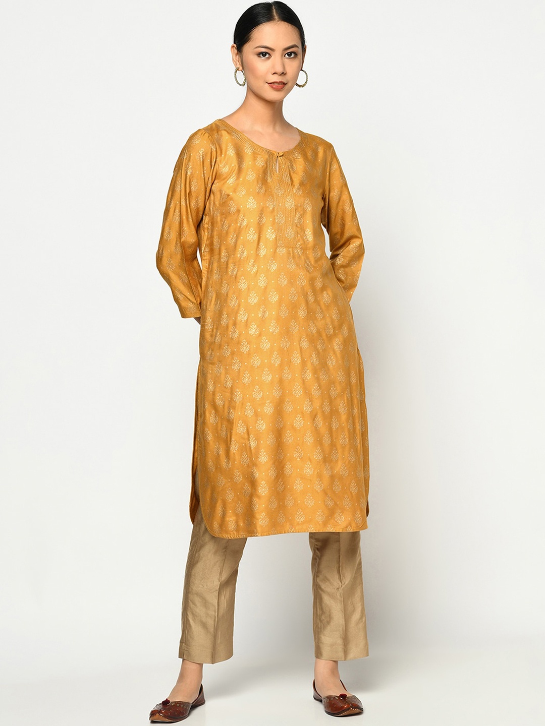 

Fabindia Women Yellow Woven Design Kurta