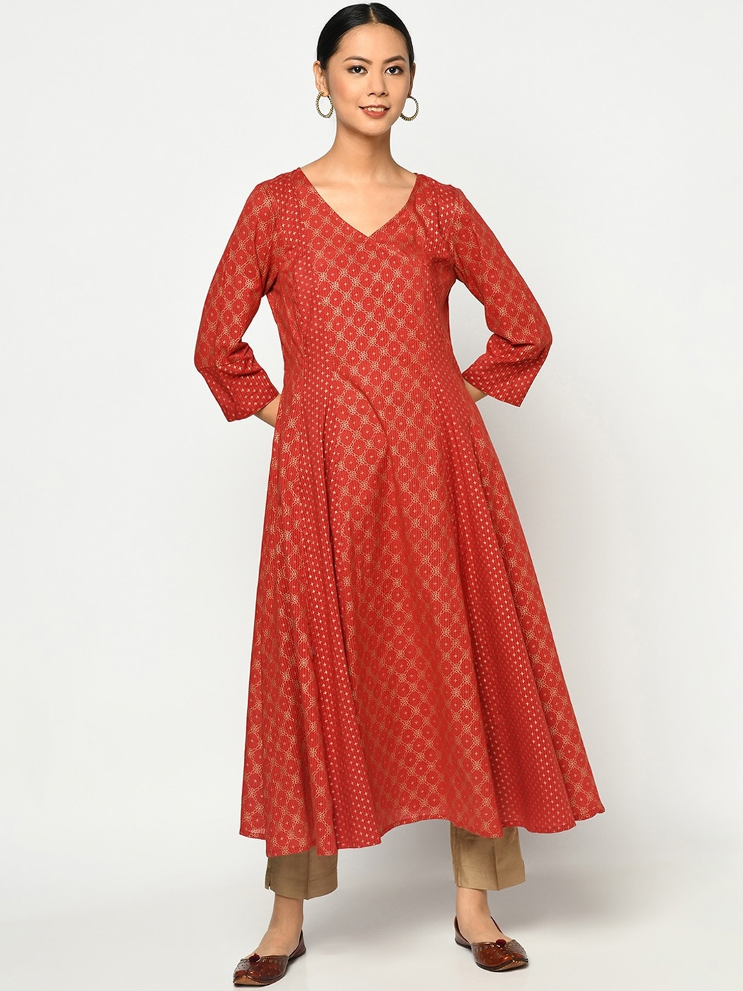 

Fabindia Women Red & Gold-Toned Ethnic Motifs Printed Anarkali Kurta