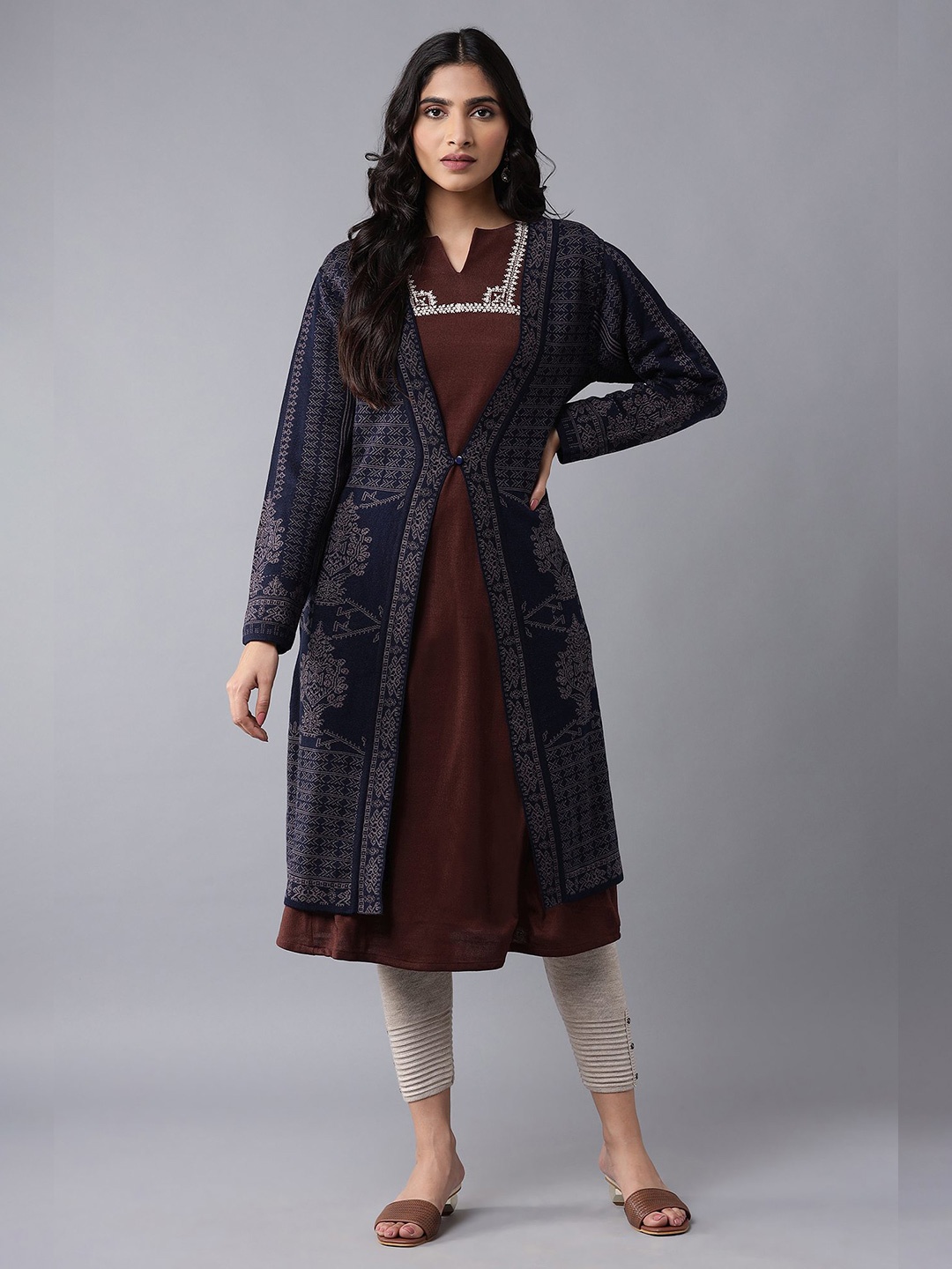 

W Women Navy Blue & Grey Printed Pure Acrylic Longline Front-Open Sweater