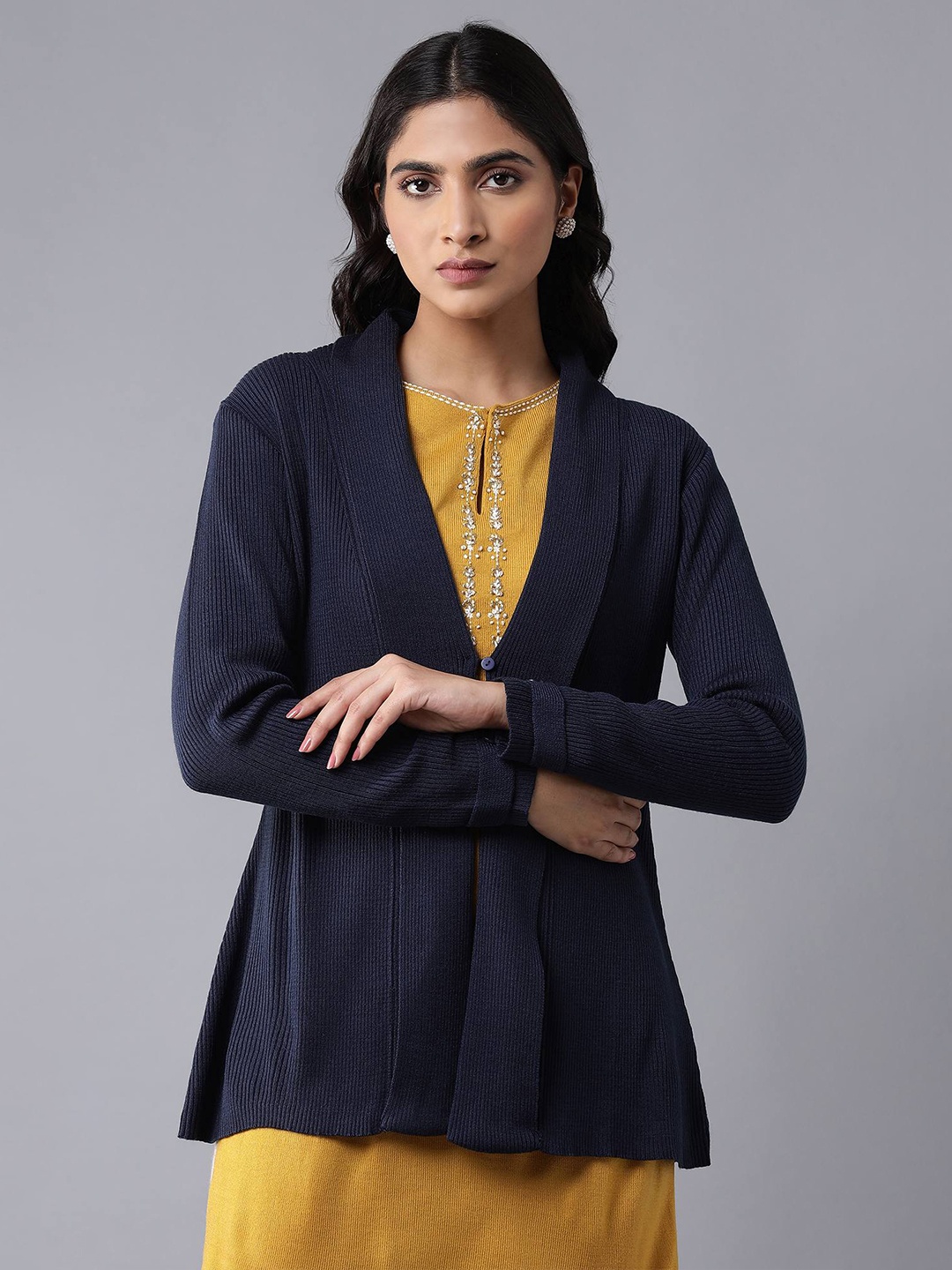 

W Women Blue Front-Open Acrylic Sweater