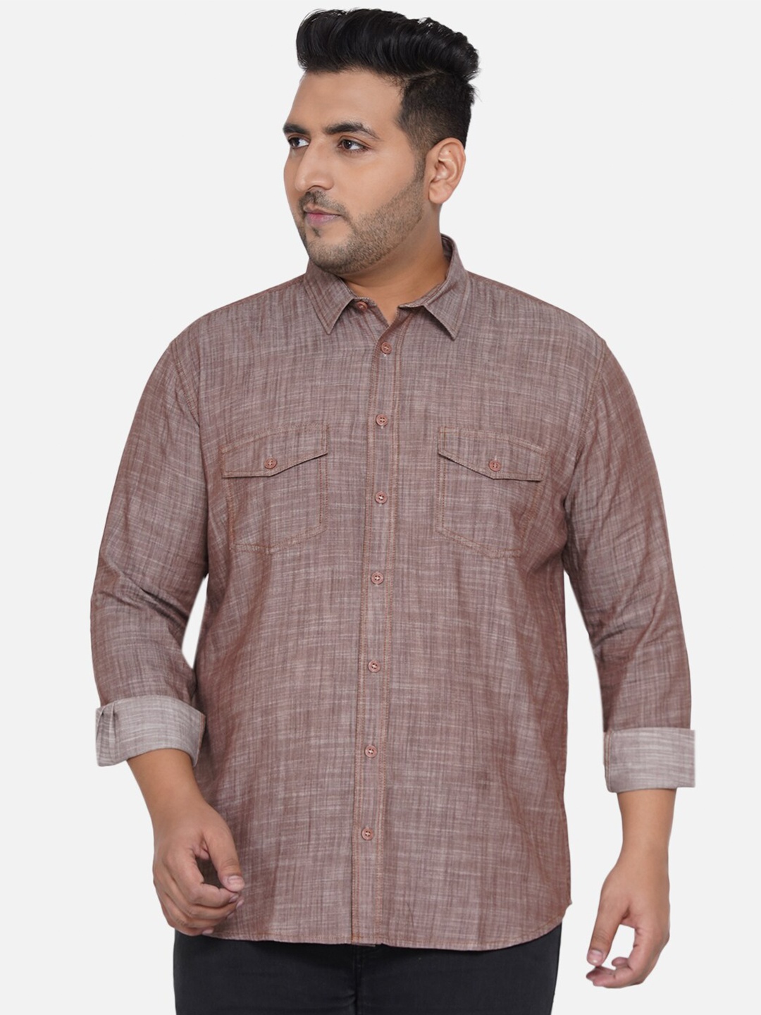 

John Pride Men Rust Cotton Plus Size Casual Shirt