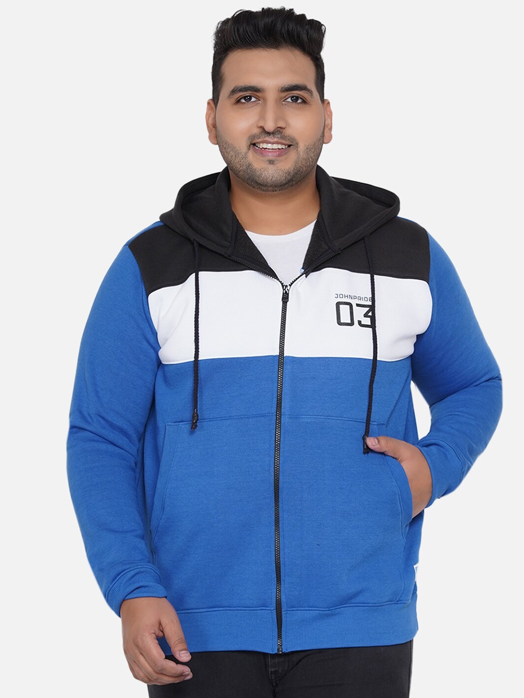 

John Pride Men Blue Colourblocked Hooded Sweatshirt