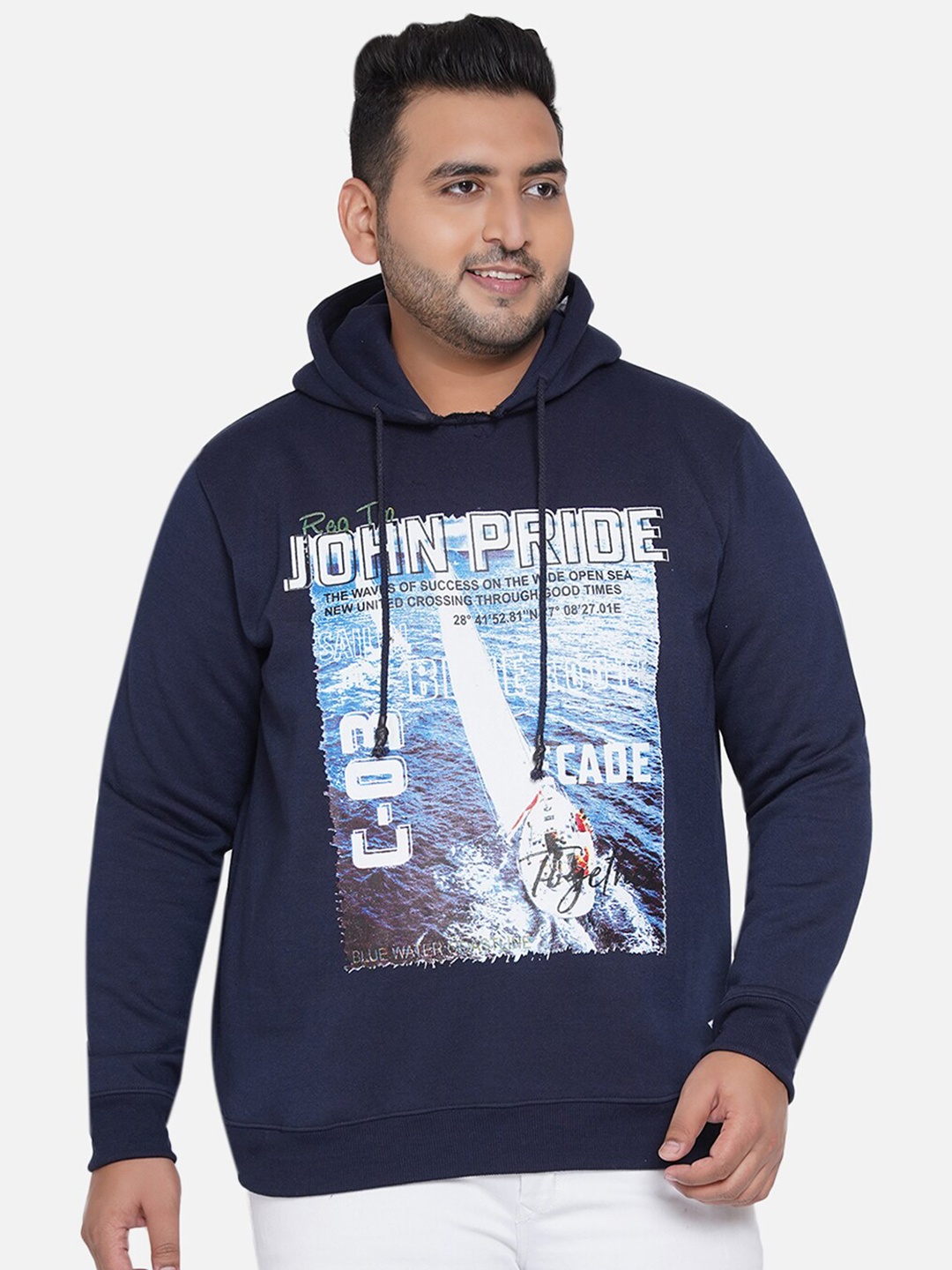 

John Pride Plus Size Men Navy Blue Printed Hooded Sweatshirt