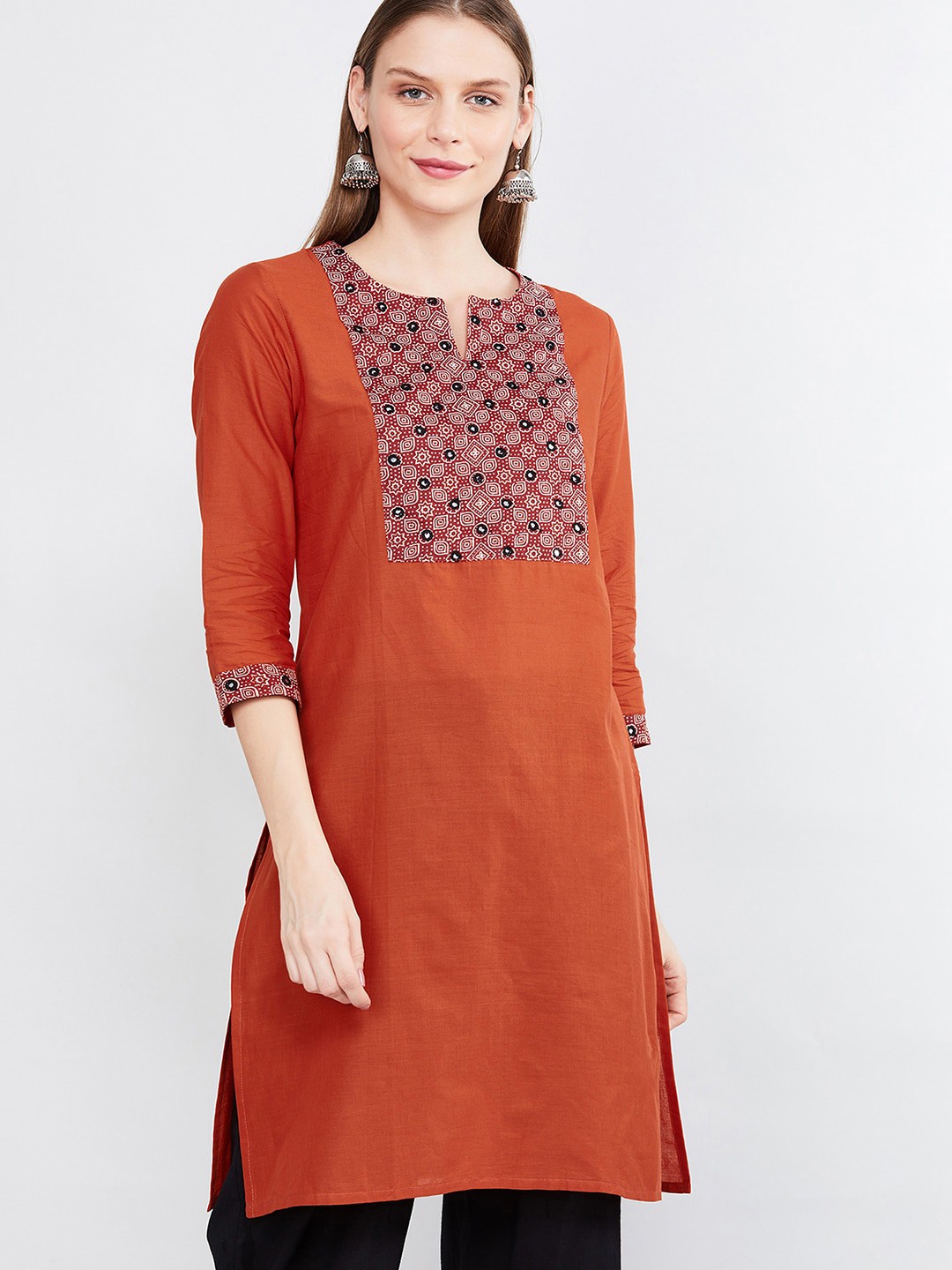 

max Women Rust Orange Ethnic Motifs Yoke Design Cotton Kurta