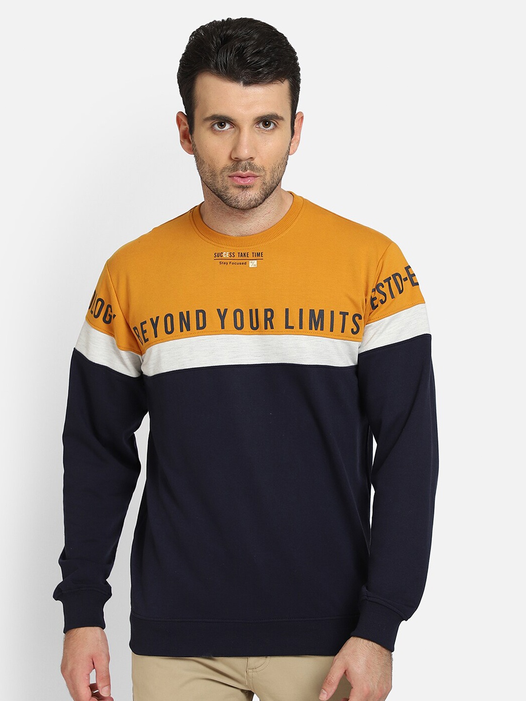 

Cantabil Men Mustard & White Colourblocked Pure Cotton T-shirt