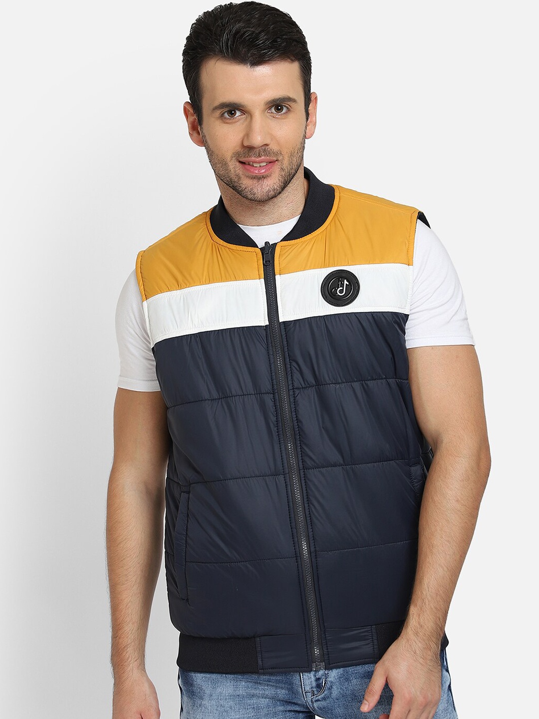 

Cantabil Men Navy Blue Colourblocked Reversible Crop Padded Jacket