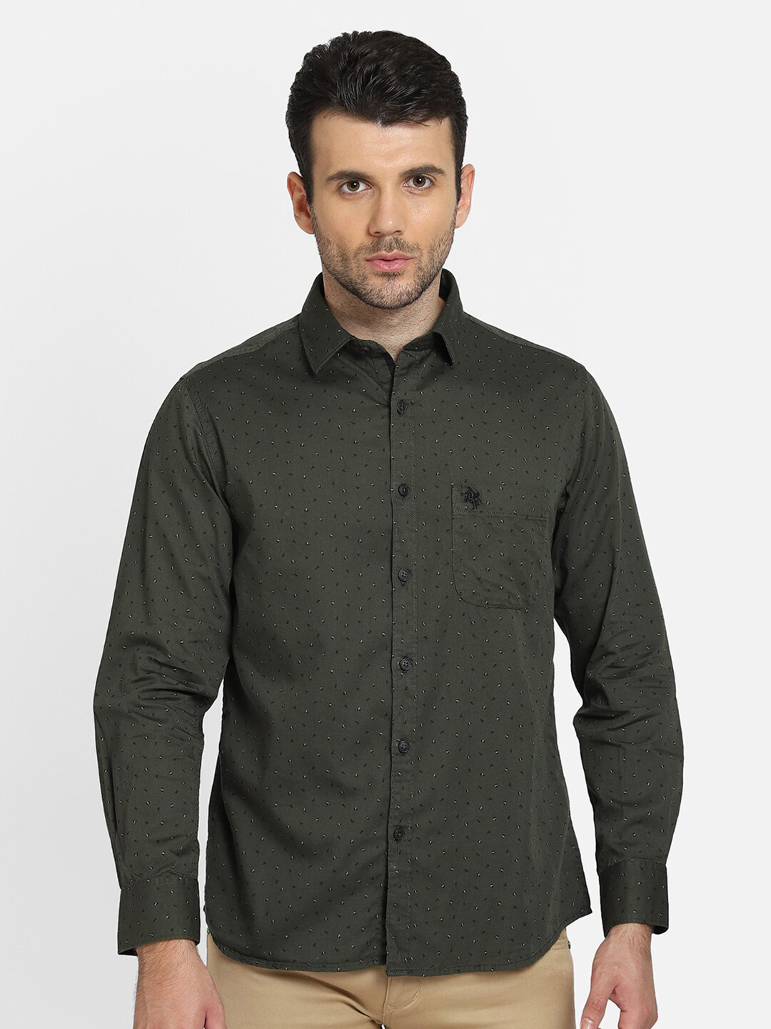 

Cantabil Men Olive Green Opaque Printed Cotton Casual Shirt